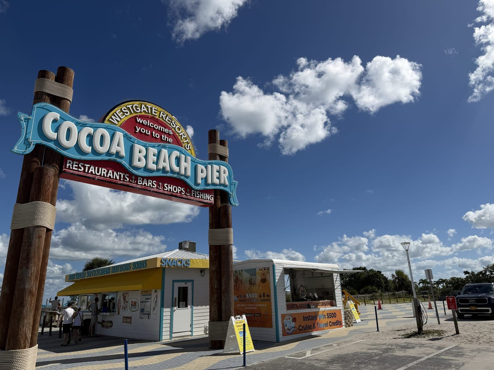 Entrance sign for the Cocoa Beach Pier in Cocoa Beach, Florida